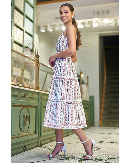 Yumi' White Botanical Stripe Midi Dress With Lace Trims