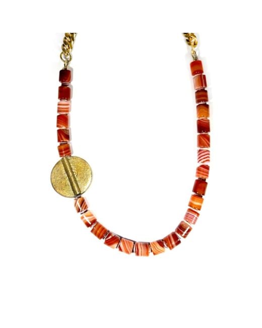 Rachel Nathan Red Banded Agate & Brass Medallion Necklace