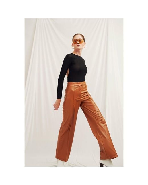 NAZLI CEREN Orange Alba Vegan Leather Wide-Leg Trousers