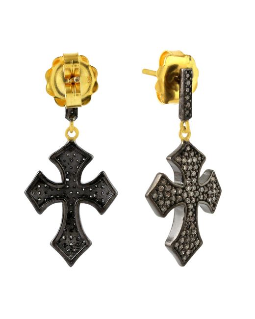 Artisan Metallic 14k Gold & 925 Sterling Silver In Studded Diamond Cross Dangle Earrings