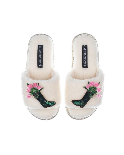Laines London Metallic Teddy Toweling Slipper Sliders With Double Wellington Boots Brooches