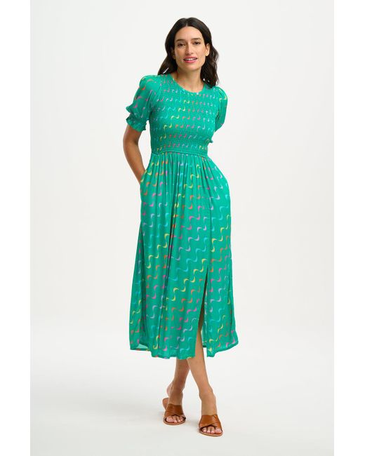 Sugarhill Green Rosita Midi Shirred Dress , Undulating Waves