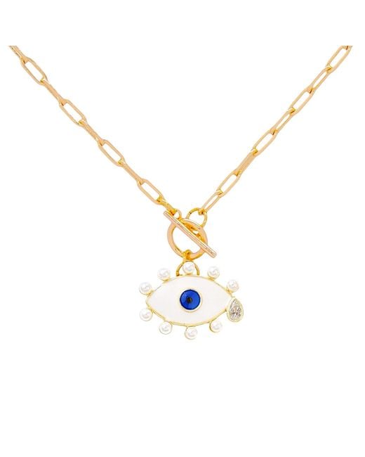 VALERIE CHIC Metallic Evil Eye Pearl Necklace 18K