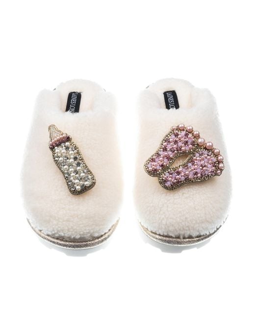 Laines London Pink Teddy Closed Toe Slippers With Baby Girl Brooches