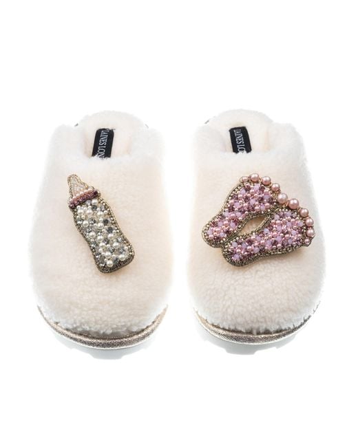 Laines London Pink Teddy Closed Toe Slippers With Baby Girl Brooches