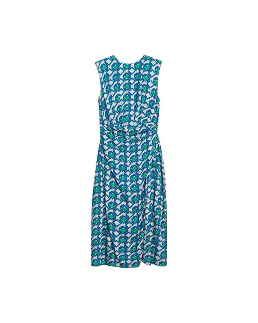 Niza Blue Eda Printed Midi Dress With Round Neckline And Shoulder Pads