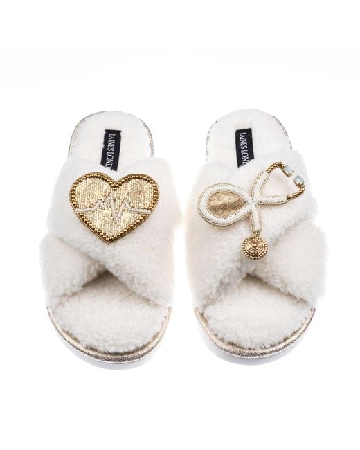 Laines London Metallic Neutrals Laines Neutral Boucle Slippers With Doctor Brooches