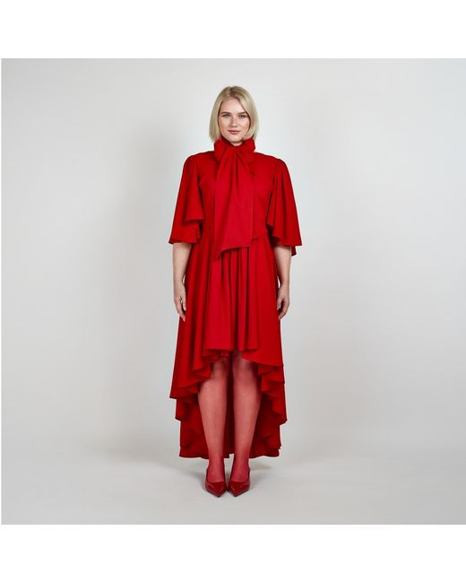Femponiq Red Bow Tie Neck Cape Sleeve Maxi Dress