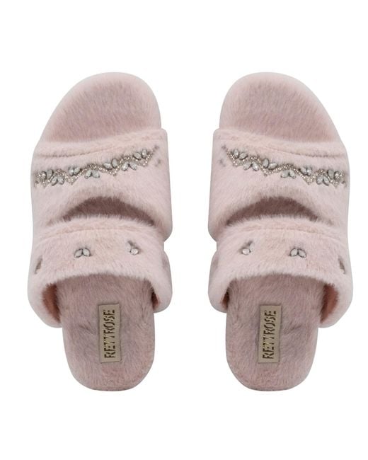 Rettrose Natural Abbie Dusky Luxury Plush Diamanté Embellished Handmade Slipper