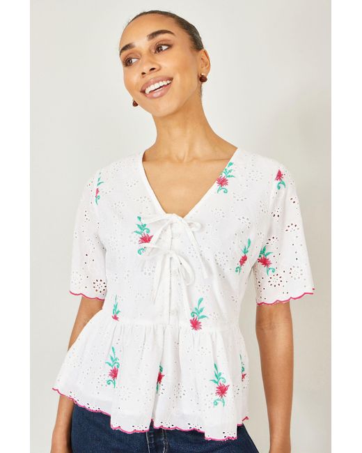Yumi' White Cotton Broderie Anglaise Embroidered Tie Top