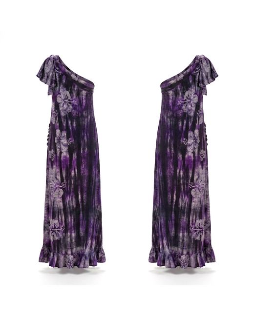 Nyny Ryke Purple Wilma, One-Shoulder Batik Maxi Dress Floral Cotton Dress