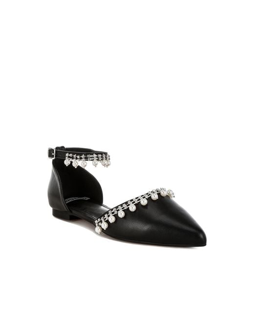 Rag & Co Black Aouva Rhinestone & Pearl Ankle Strap Flat Sandals
