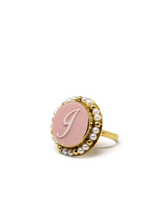 Vintouch Italy Pink Initial J Cameo Ring With Pearls