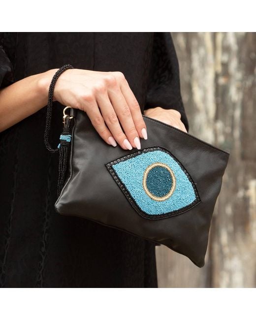 Sidney Byron Blue Leather Bag With Lucky Eye Beading