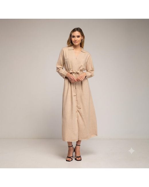 Tantra Spain Sl Natural Neutrals Long Knit Shirt Dress With Chest Pockets And Belt