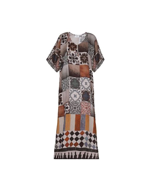 DHARA SHETH DUBAI Brown Celestial Tesserae Mosaic Print Long Cotton Kaftan Dress