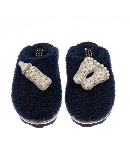 Laines London Blue Teddy Closed Toe Slippers With Pearl New Baby Brooches