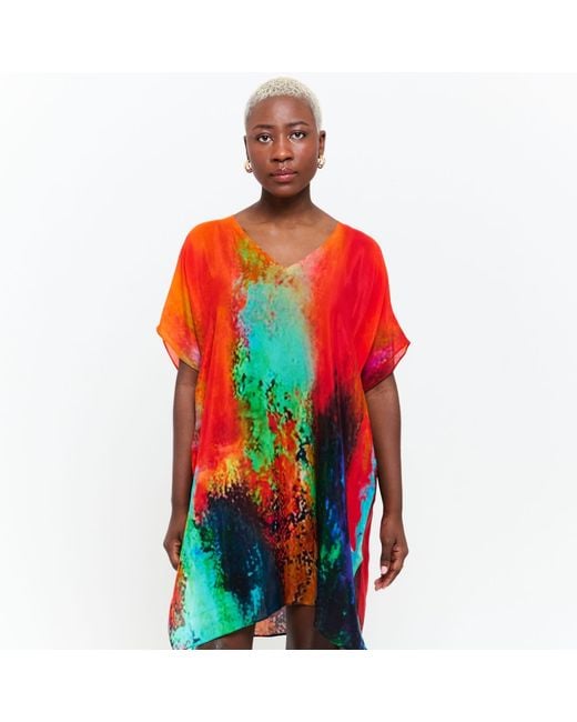 DHARA SHETH DUBAI Red Roar Abstract Sheer Short Kaftan