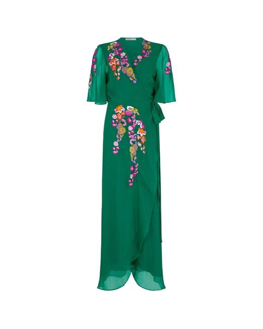 Hope & Ivy Green The Miria Embroidered Flutter Sleeve Maxi Dress With Tie Waist