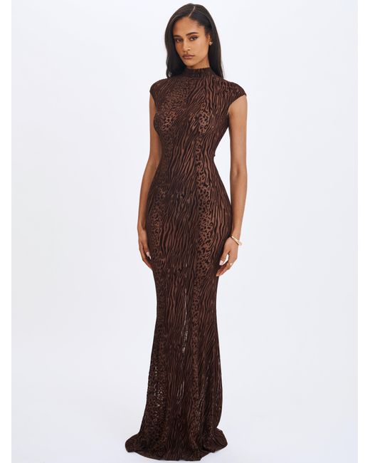 Miss Circle New York Gray Tyanna Mocha Burnout Velvet Mesh Backless Mermaid Maxi Dress