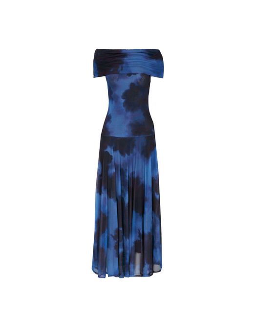 Juan Avellaneda X Seeiou Blue Printed Midi Dress With Off-Shoulder Naima