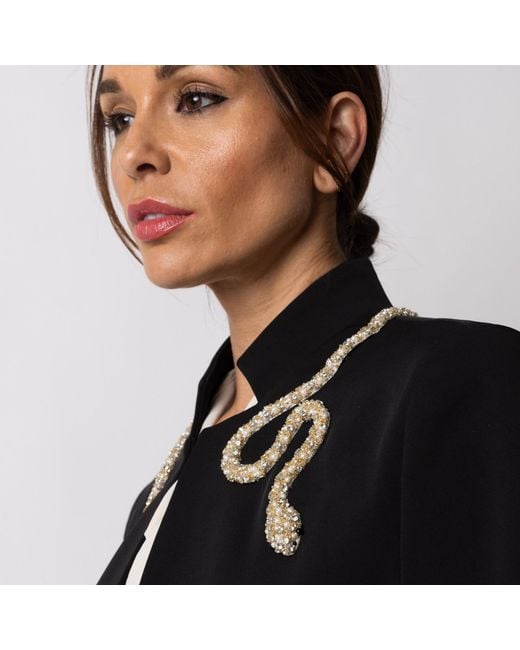 House of Laines London Black Laines Couture Tailored Cape With Embellished Crystal & Pearl Wrap Around Snake