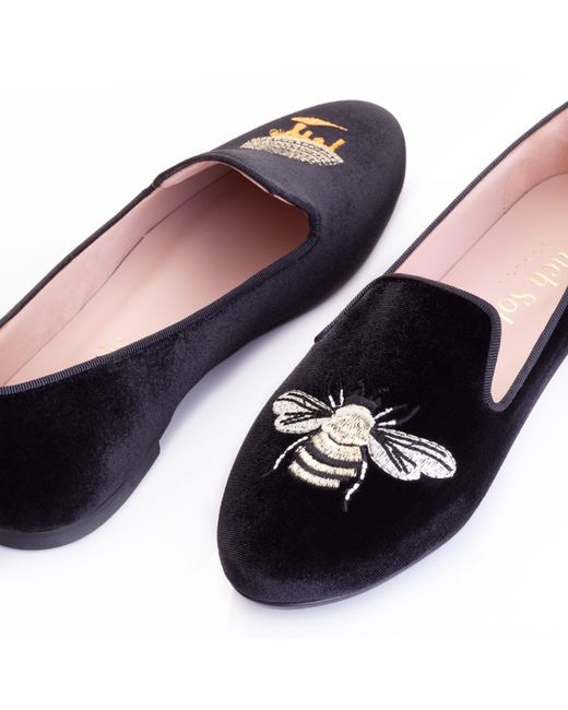 French Sole Black Hefner Velvet Gold Bee & Hive Embroidery
