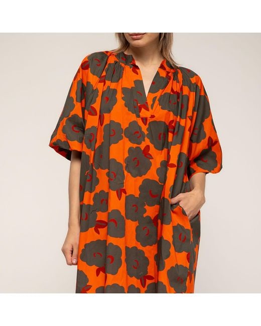 Tantra Spain Sl Orange Short Floral-Print Dress With Puff Sleeves And A V-Neck