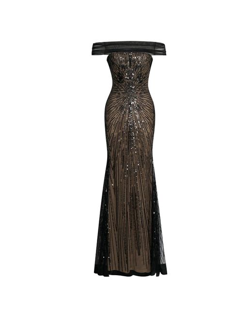 Miss Circle New York Black Qeturah Embroidered Sequin Off Shoulder Mesh Gown