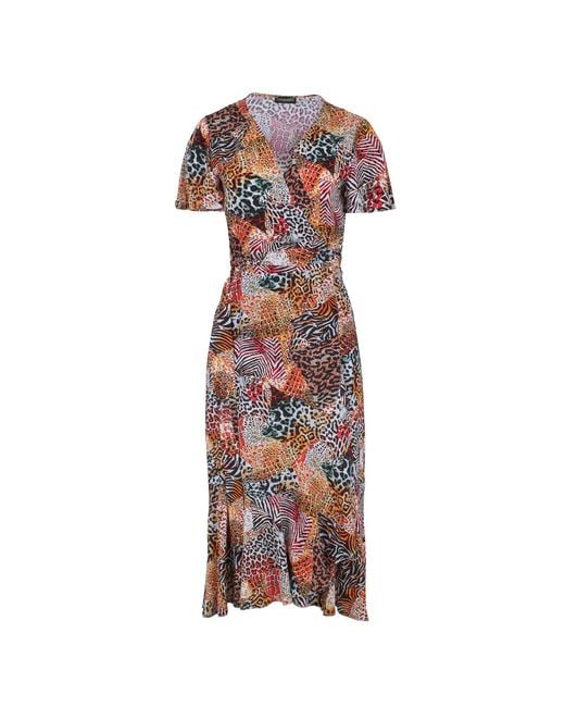 Conquista Orange Animal Print Ruffle Detail Wrap Dress
