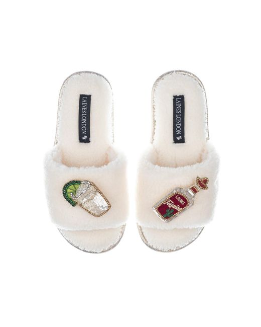 Laines London Metallic Teddy Towelling Slipper Sliders With Tequila Slammer Brooches