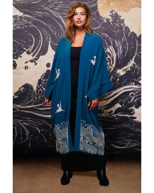 Artemis Muse Blue Origami & Hokusai Wave Embroidered Fully Lined Deep Long Kimono