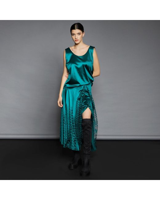 Silvia Serban Green Midi Laser Cut Paneled Skirt