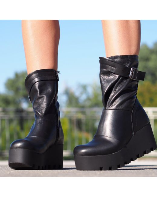 Adrenaline Fashion Black Leather Platform Boots With Buckle Strap Chunky Sole Designer Ankle Boots