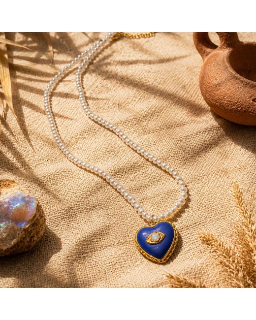 Vintouch Italy Blue Evil Eye Heart Necklace With Pearls