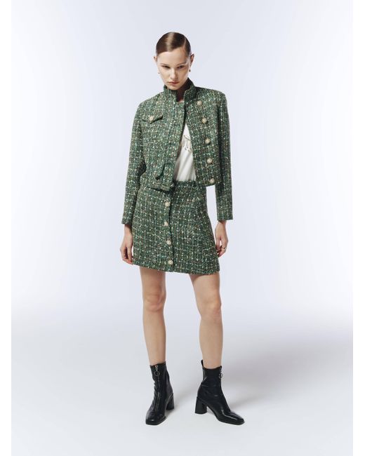 Sour Figs Green Pearl-Button Metallic Thread Bouclé Tweed Mini Skirt