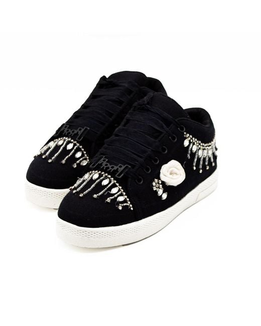 Rettrose Black Skylar Luxury Canvas Handmade Embellished Tennis Shoe