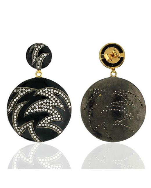 Artisan Black 14k Solid Gold & 925 Silver With Pave Diamond Enamel Round Dangle Earrings