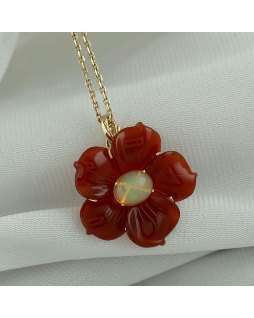 Artisan Red 14K Carved Onyx & Ethiopian Opal Flower Pendant
