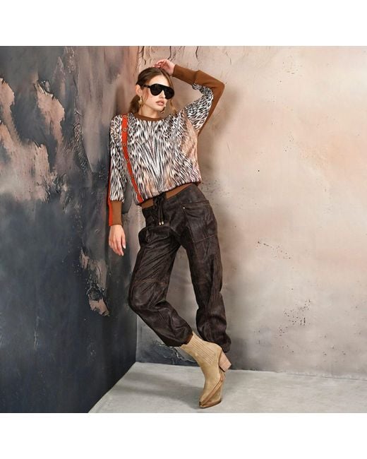 Lalipop Design Brown Animal Print Knit Sweatshirt With Button Detail