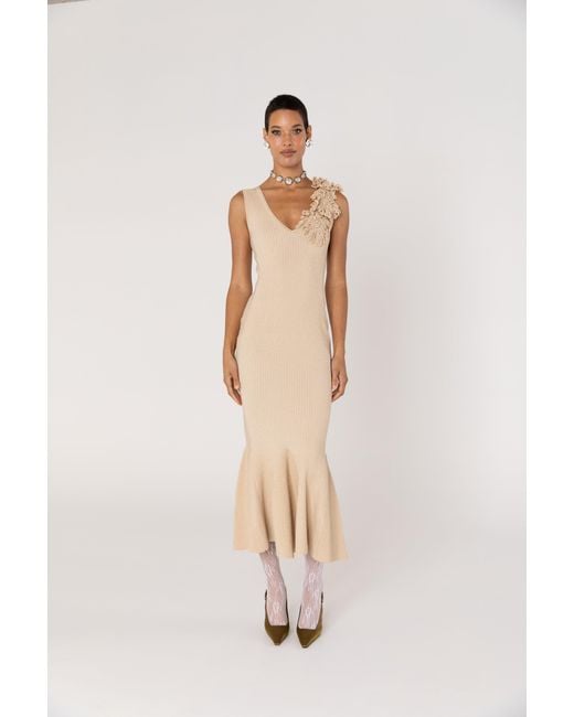 Andreeva Natural Neutrals Chrysanthemum Metallic Knit Dress With Handmade Emroidery