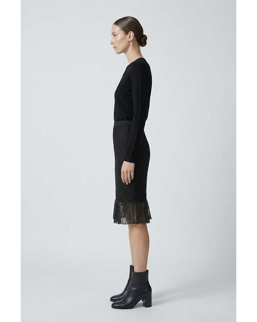 Conquista Black Textured Pencil Skirt With Lace Flounce Hem