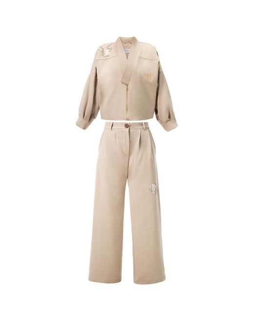 Rondooz Natural Neutrals Hand Painted Twill Gabardine Zip Front Top And Wide Leg Trousers Set With Hand Applied Embellishment
