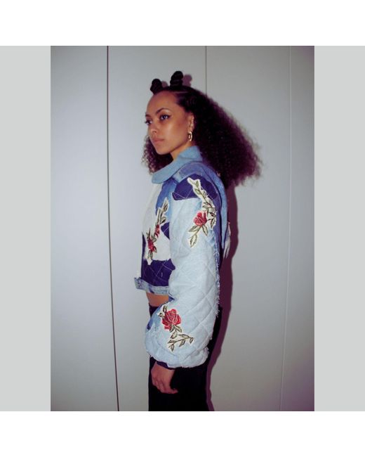 Couture to Your Door Blue Quilted Denim Avant Garde Bomber Jacket