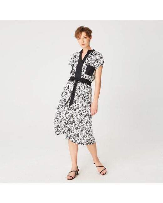 Smart and Joy Black Bi-Material Dress With Monochrome Floral Print And Drawstring Belt