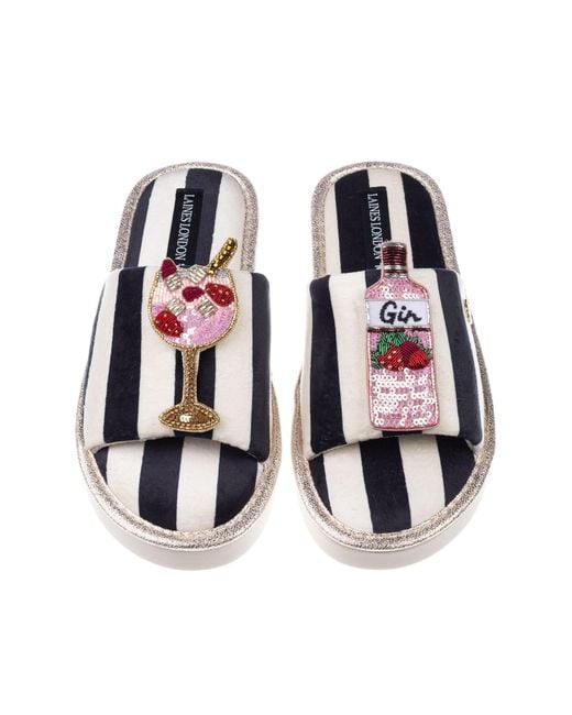 Laines London Multicolor Flatform Stripe Open Toe Slippers With Gin Brooches