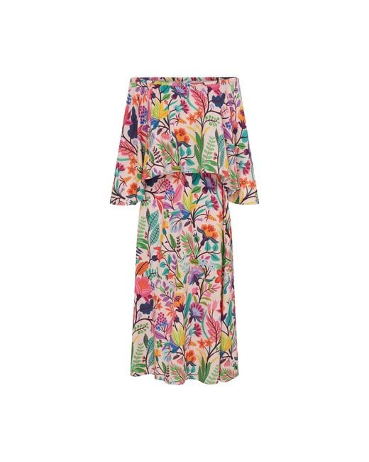 Raishma Red Adela Tropical Floral Off The Shoulder Bardot Midi Summer Dress