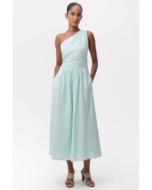 Exquise Blue Burk Elastic Waist Linen Blend Midi Dress