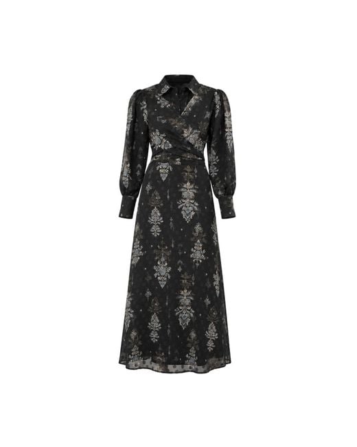 John Abgin Black Chiffon Burnout Printed Cross-Over Maxi Dress