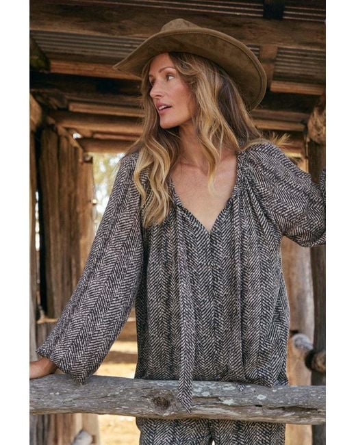Adrift Clothing Brown Neutrals Nova Tie Neck Blouse